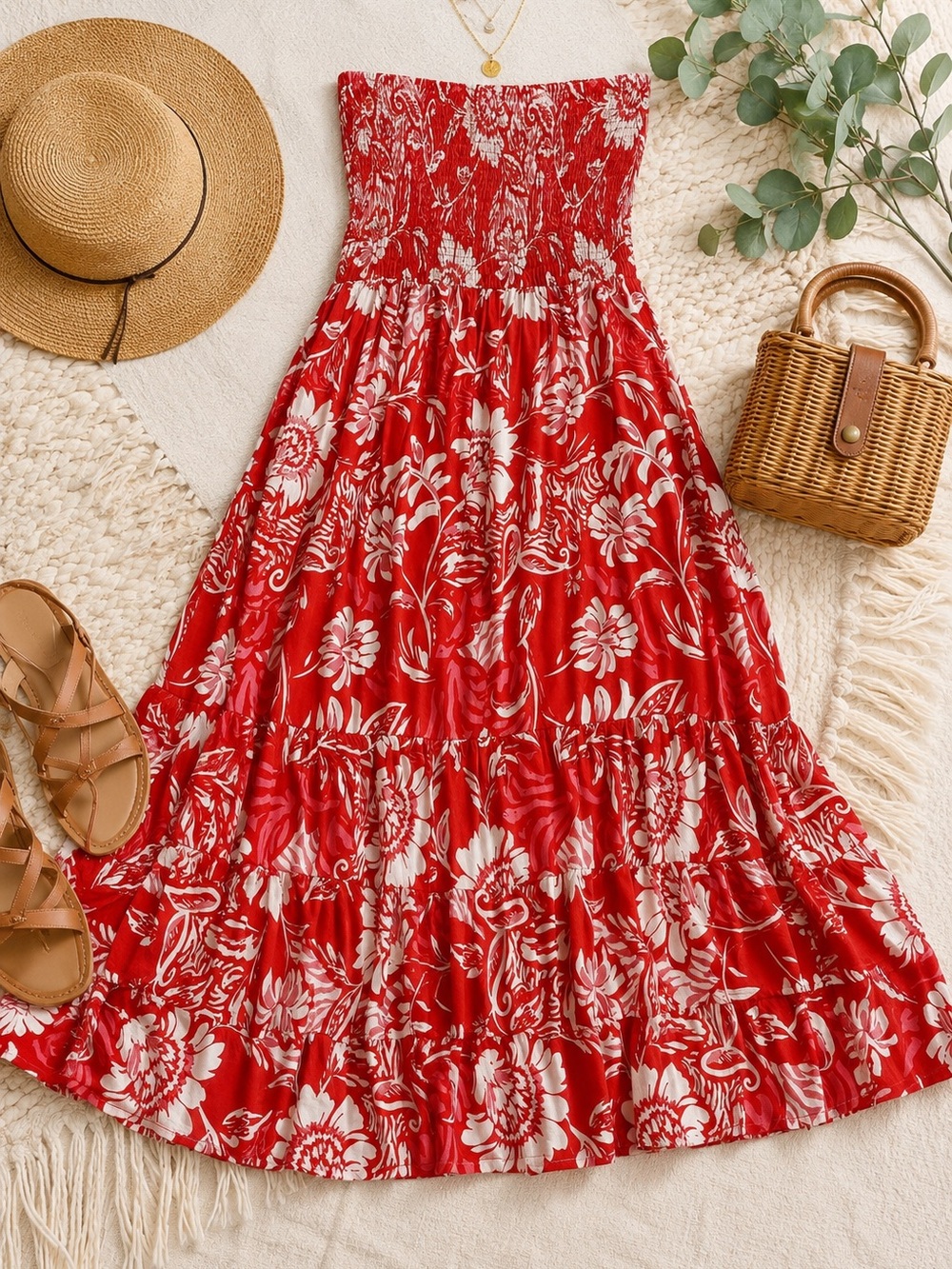 Able The Label Strapless Smocked Maxi Dress XS Tiered Floral Boho Resort